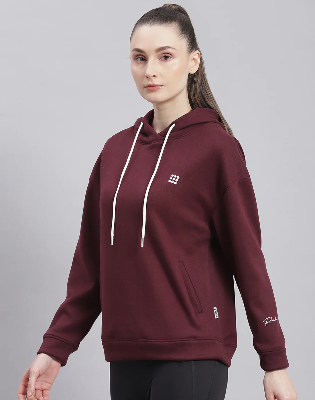 Rock.it Women Maroon Solid Hooded Full Sleeve Sweatshirt - Image 3