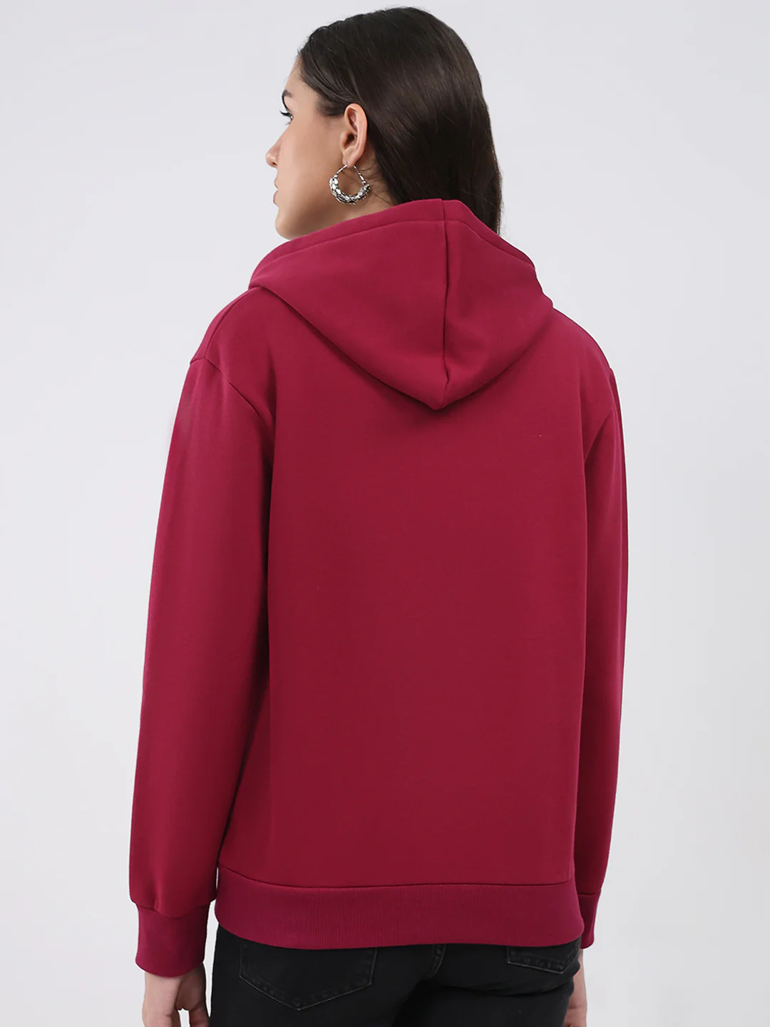 Women Maroon Solid Hooded Full Sleeve Sweatshirt - Image 5