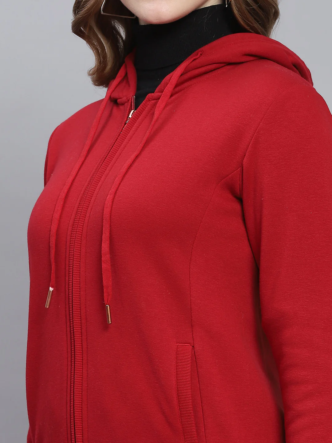 Women Maroon Solid Hooded Full Sleeve Sweatshirts - Image 6