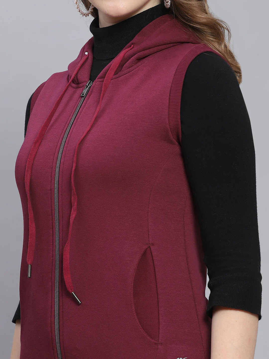 Women Maroon Solid Hooded Sleeveless Sweatshirts - Image 6