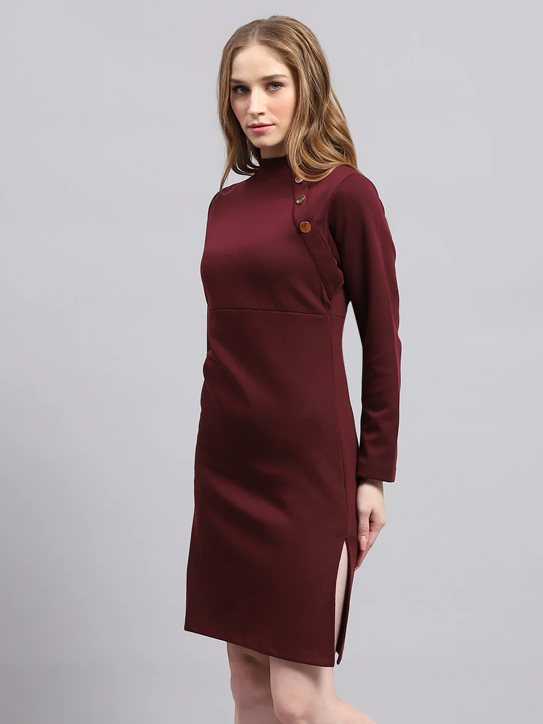 Women Maroon Solid Mock Neck Full Sleeve Dress - Image 3