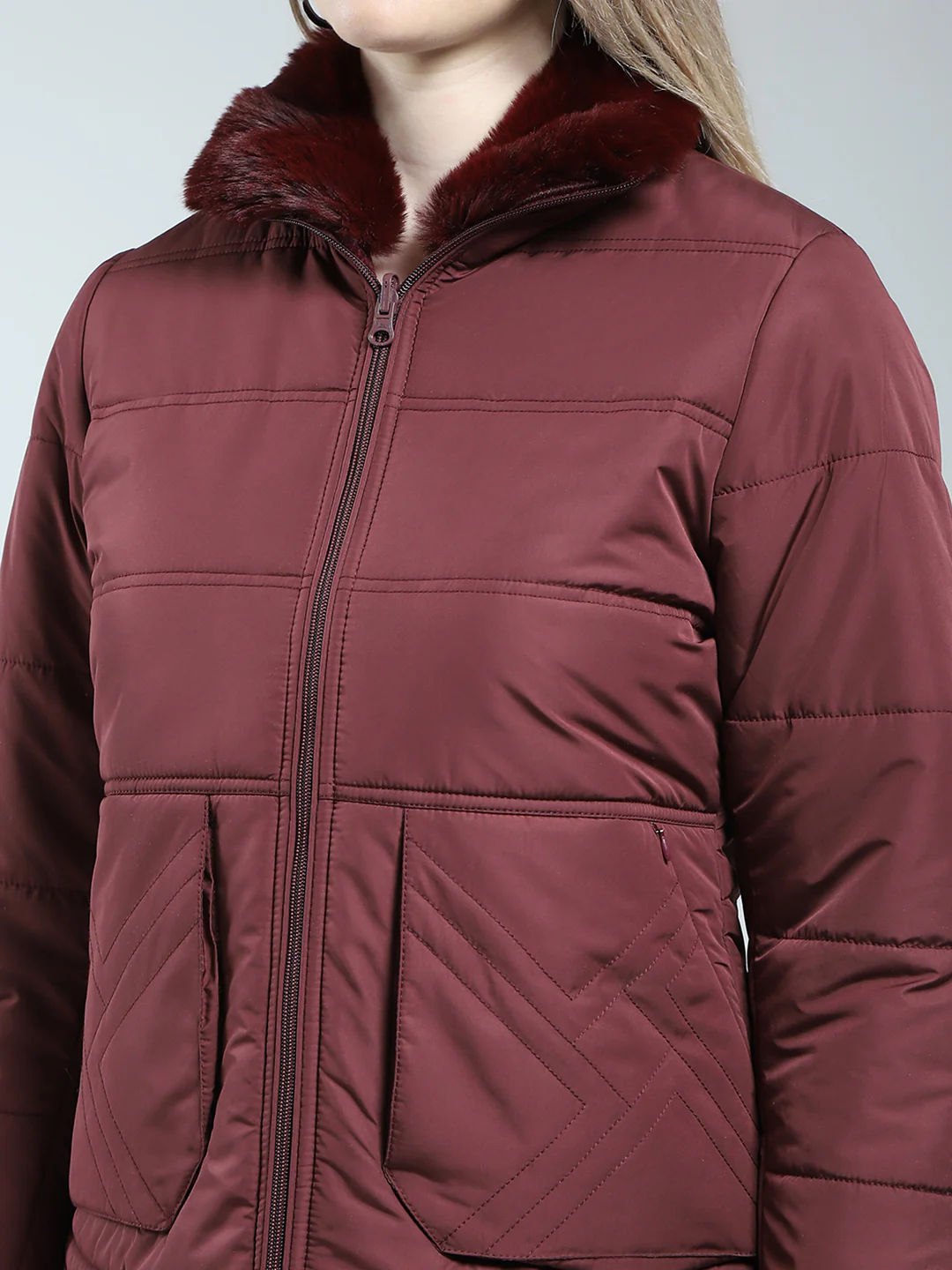 Women Maroon Solid Mock Neck Full Sleeve Reversible Jacket - Image 10