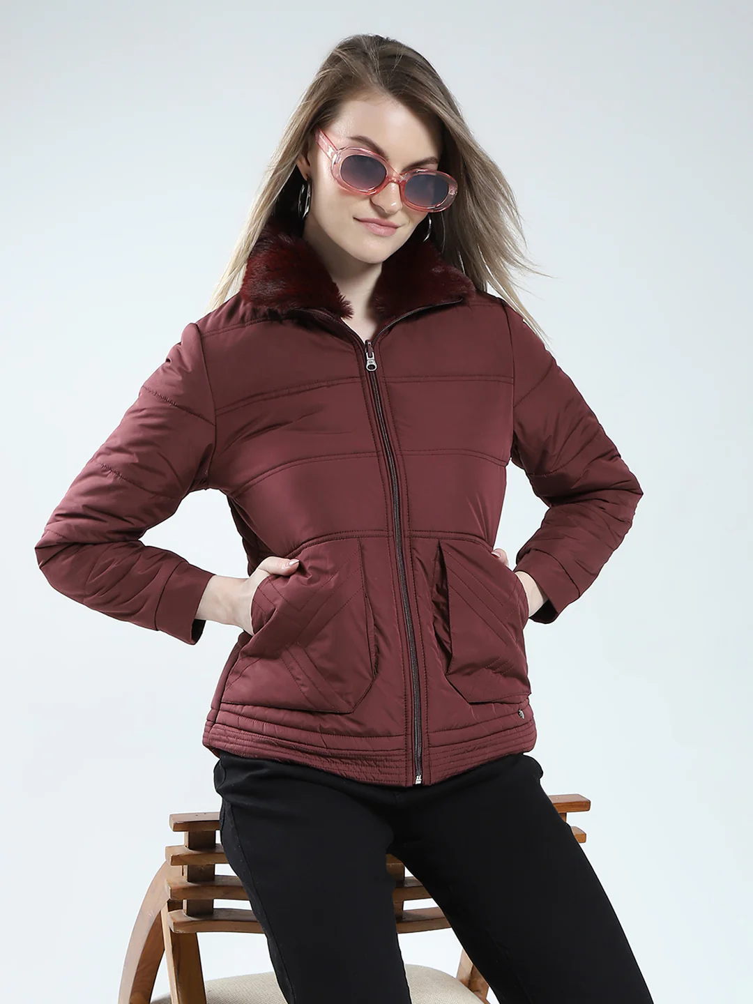 Women Maroon Solid Mock Neck Full Sleeve Reversible Jacket - Image 6