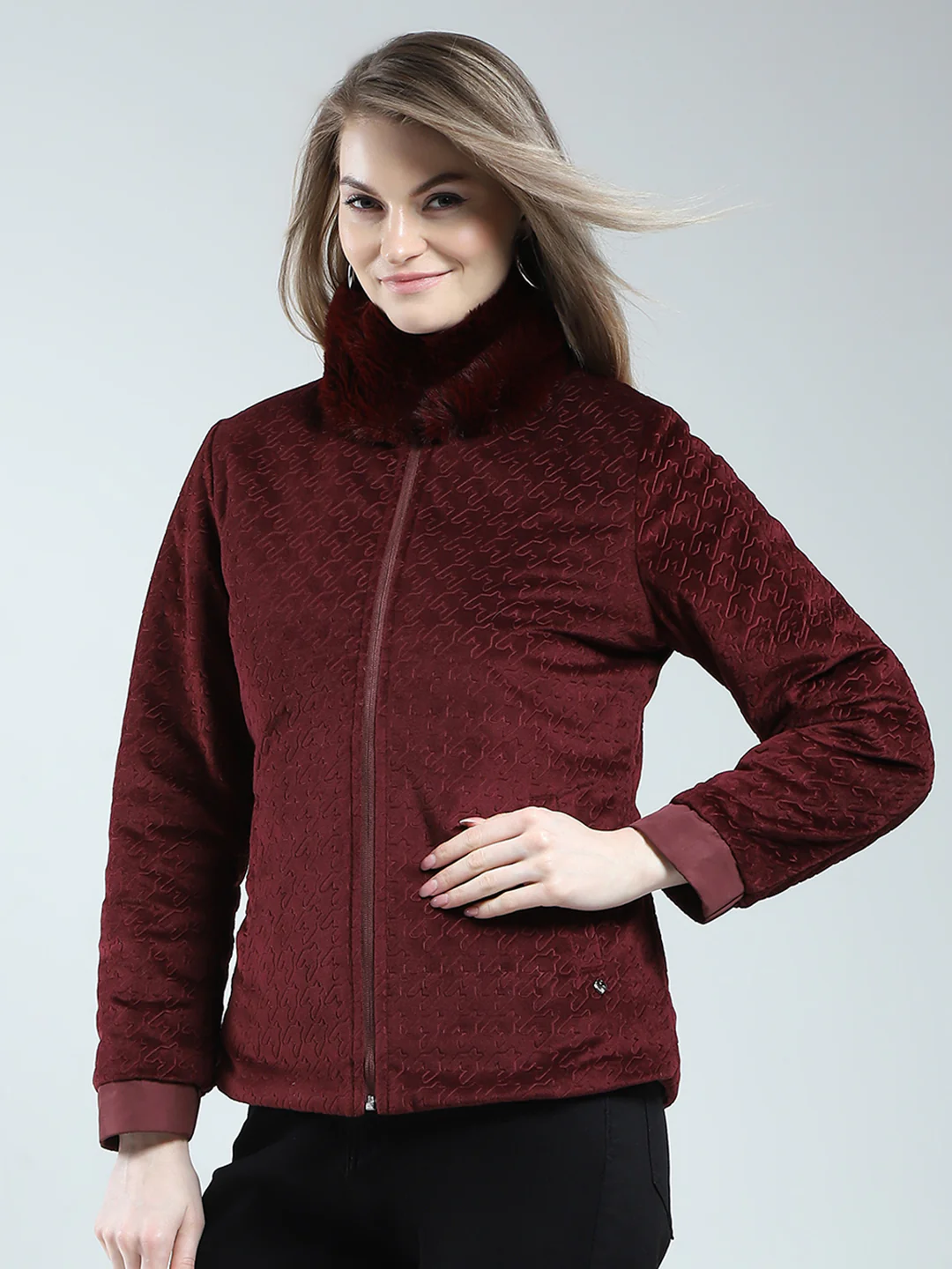 Women Maroon Solid Mock Neck Full Sleeve Reversible Jacket - Image 8