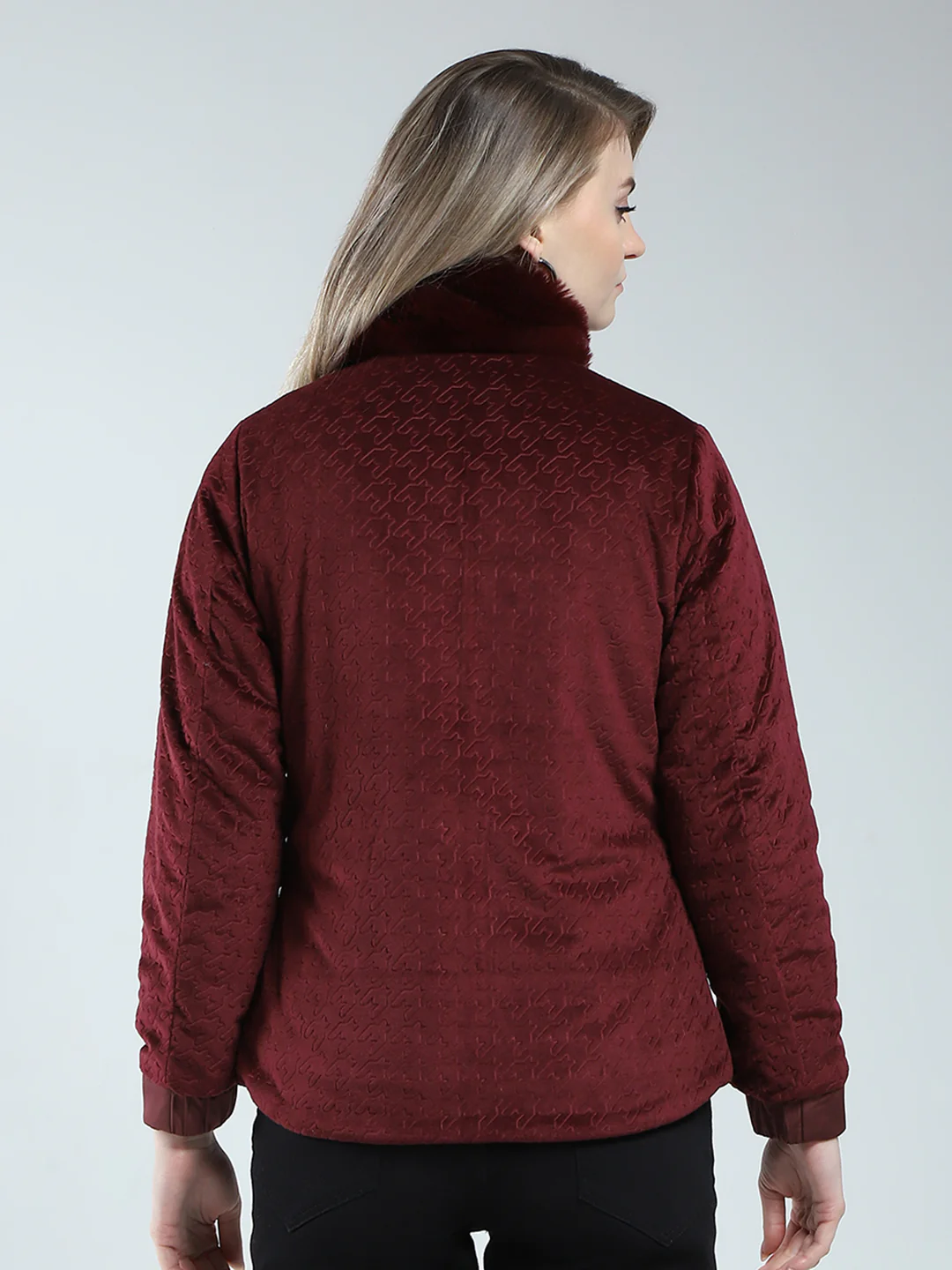 Women Maroon Solid Mock Neck Full Sleeve Reversible Jacket - Image 9