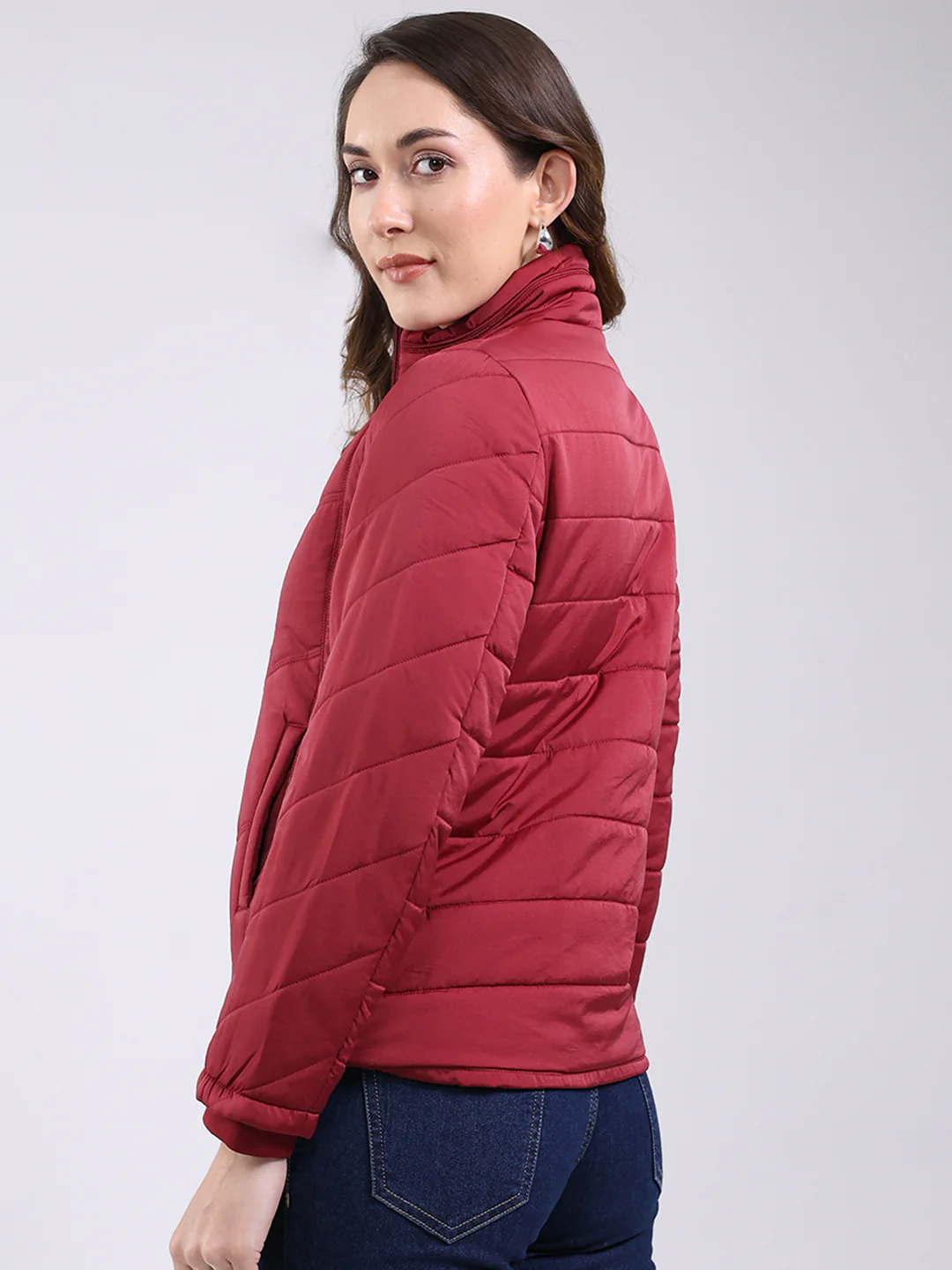 Women Maroon Solid Mock Neck Full Sleeve Jacket - Image 5