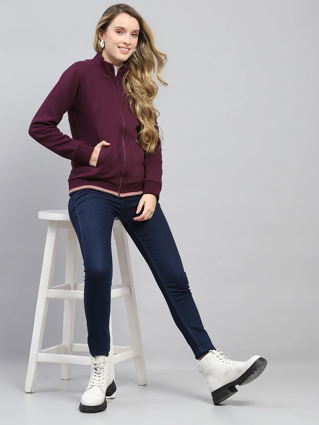 Women Maroon Solid Mock Neck Full Sleeve Sweatshirt - Image 2