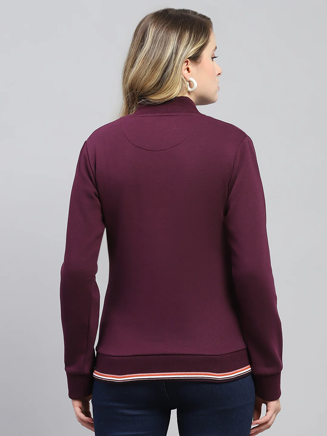 Women Maroon Solid Mock Neck Full Sleeve Sweatshirt - Image 5