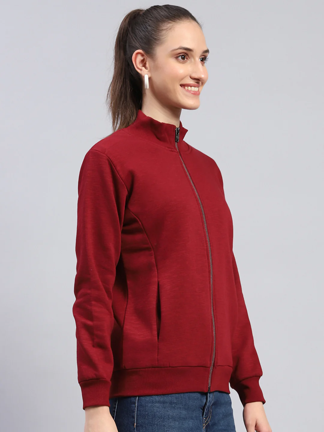 Women Maroon Solid Mock Neck Full Sleeve Sweatshirt - Image 4