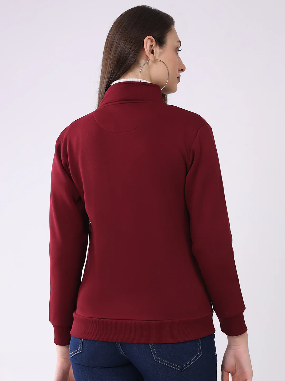 Women Maroon Solid Mock Neck Full Sleeve Sweatshirt - Image 5