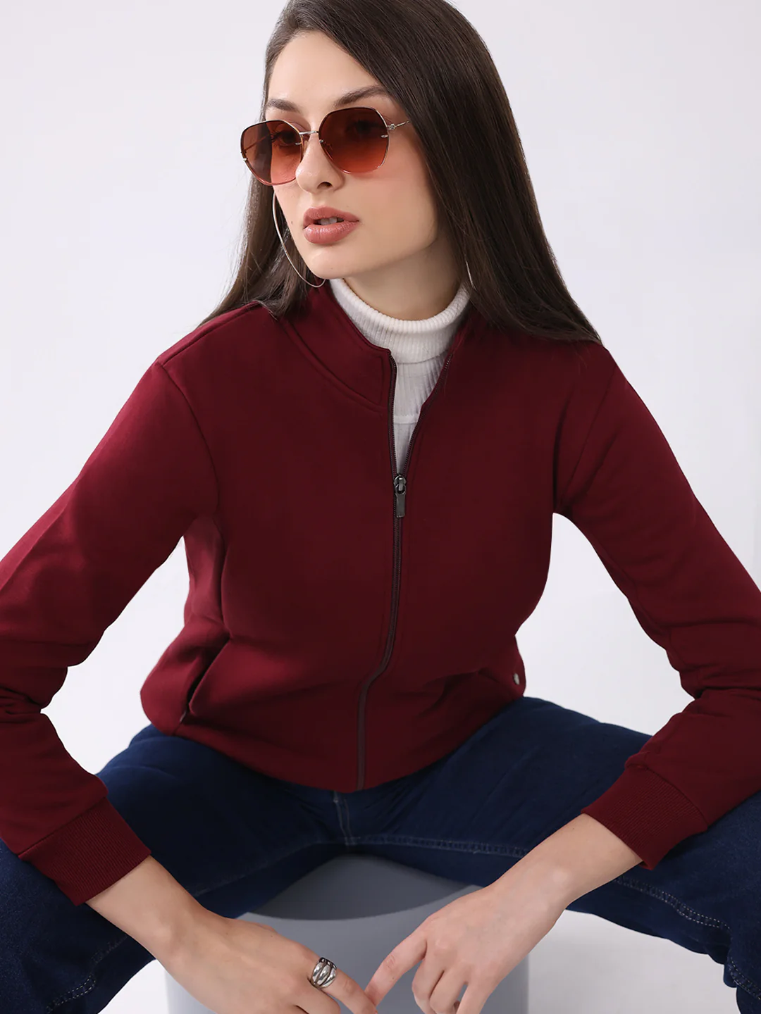 Women Maroon Solid Mock Neck Full Sleeve Sweatshirt - Image 6