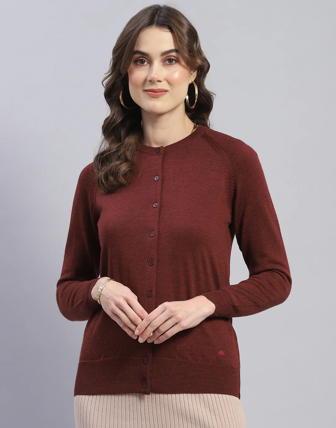 Women Maroon Solid Round Neck Full Sleeve Cardigan - Image 2