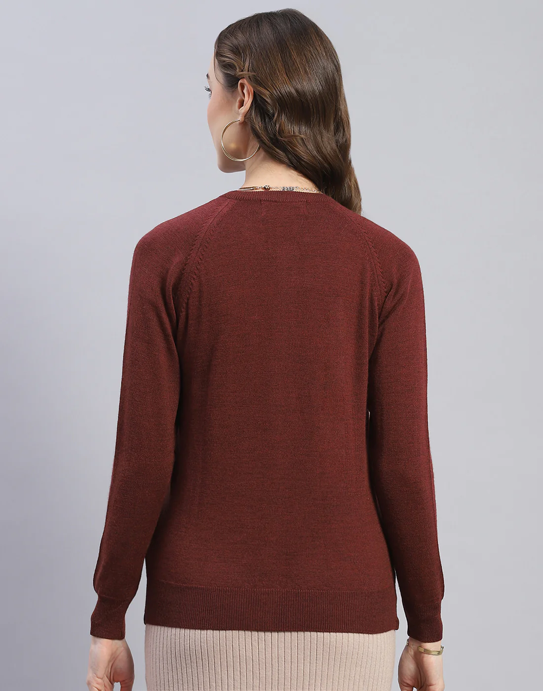 Women Maroon Solid Round Neck Full Sleeve Cardigan - Image 5