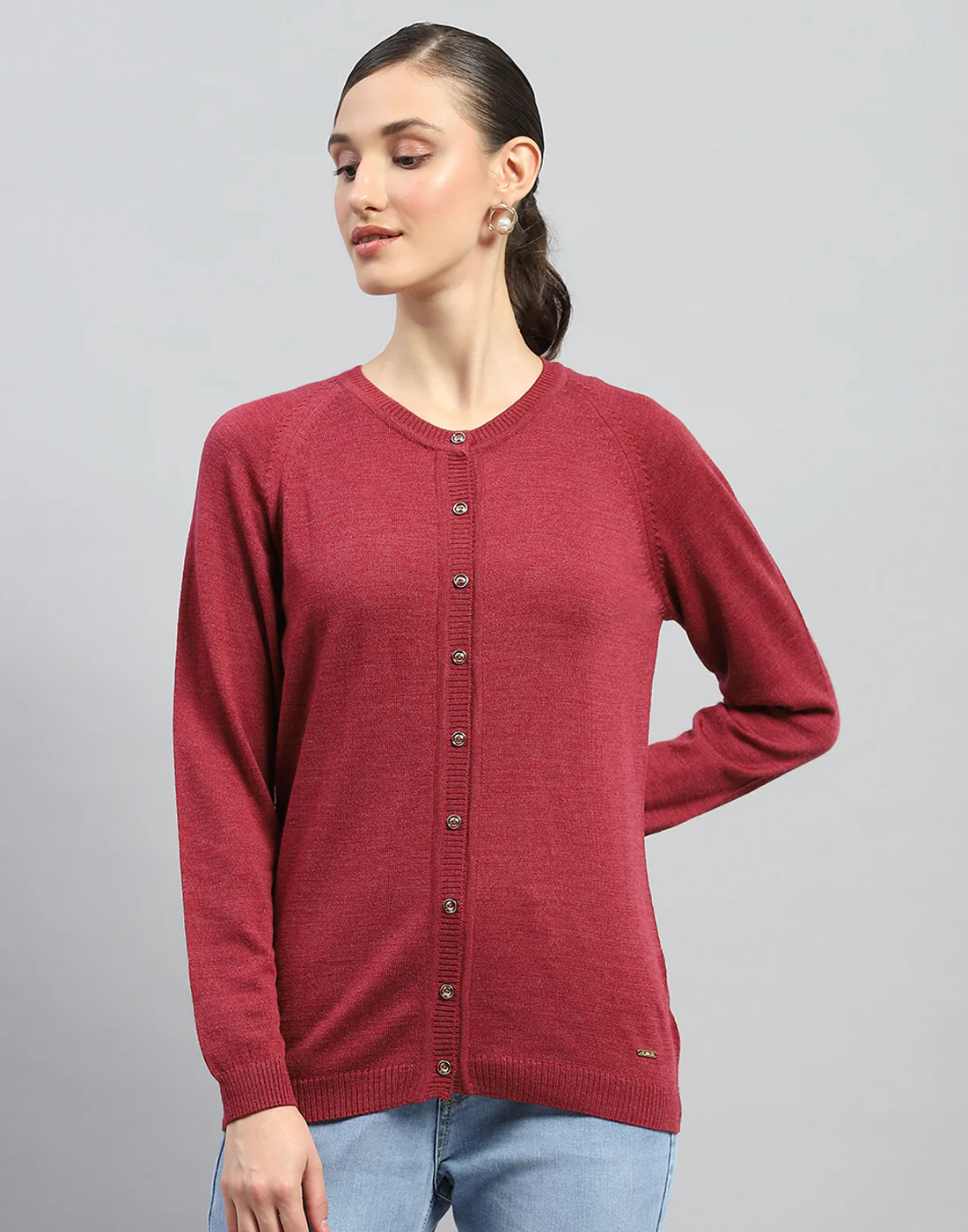 Women Maroon Solid Round Neck Full Sleeve Cardigan - Image 2