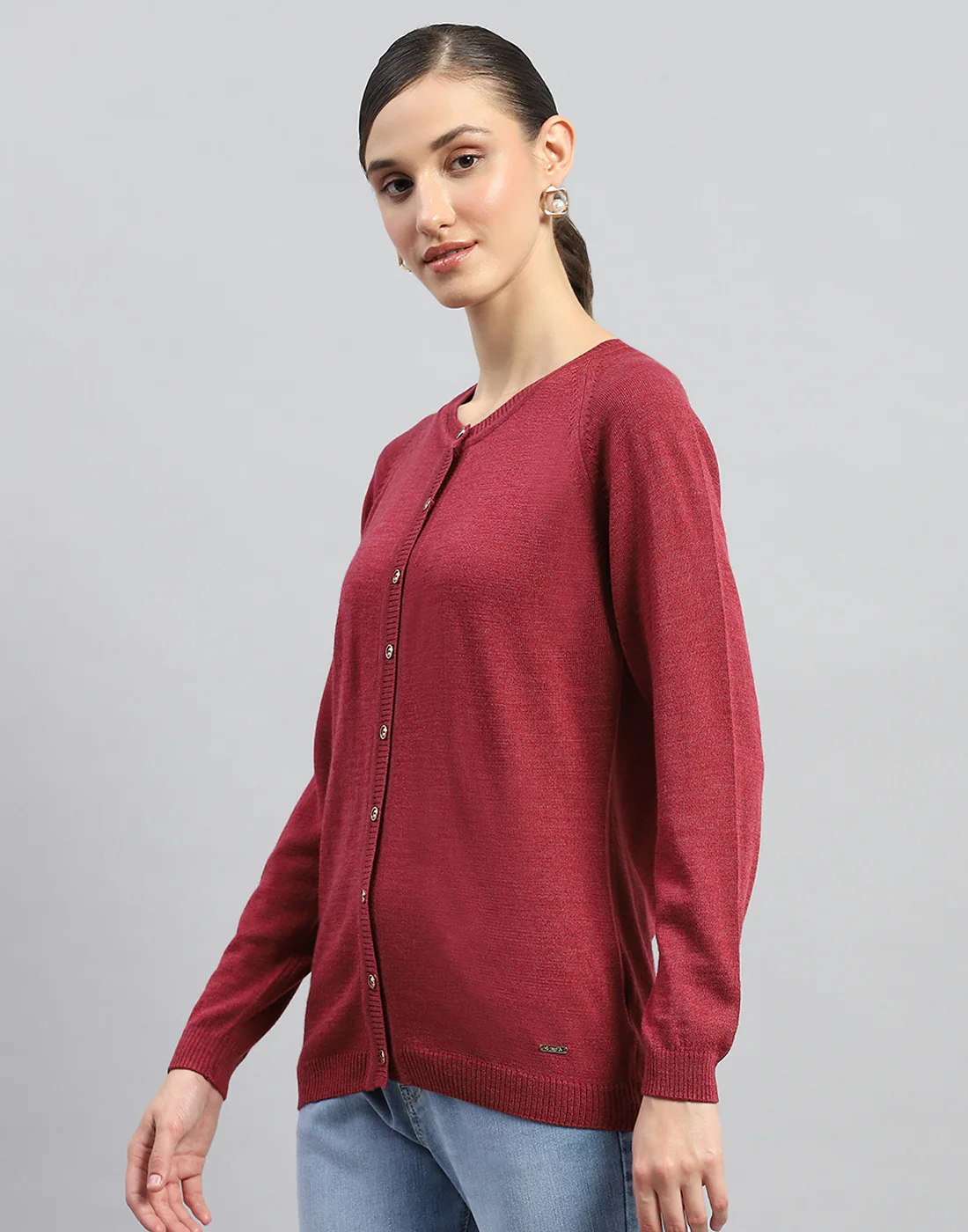 Women Maroon Solid Round Neck Full Sleeve Cardigan - Image 3