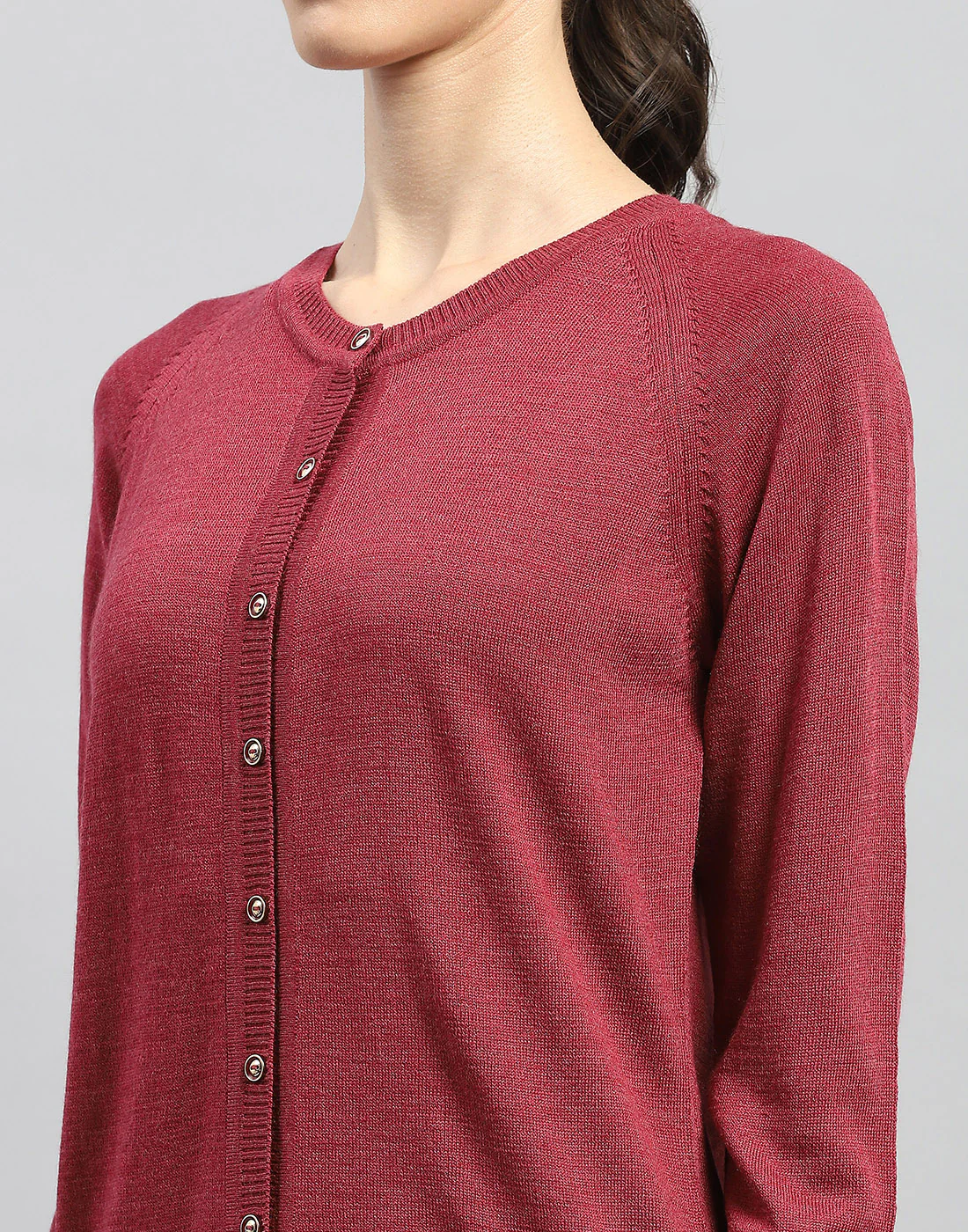Women Maroon Solid Round Neck Full Sleeve Cardigan - Image 6
