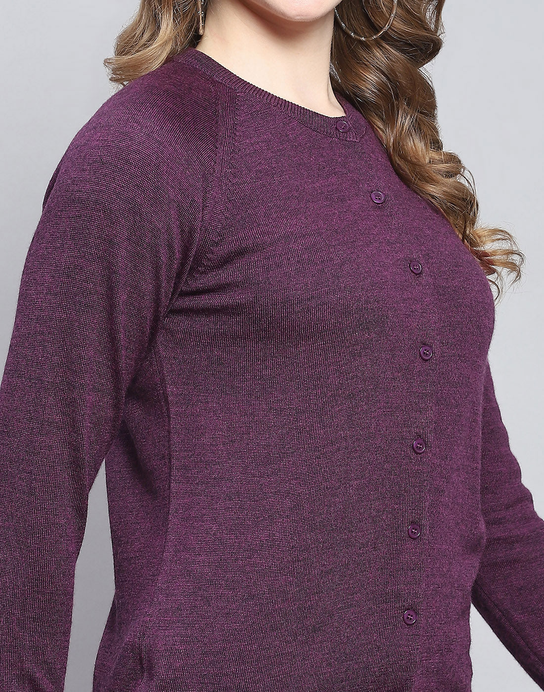 Women Maroon Solid Round Neck Full Sleeve Cardigan - Image 5