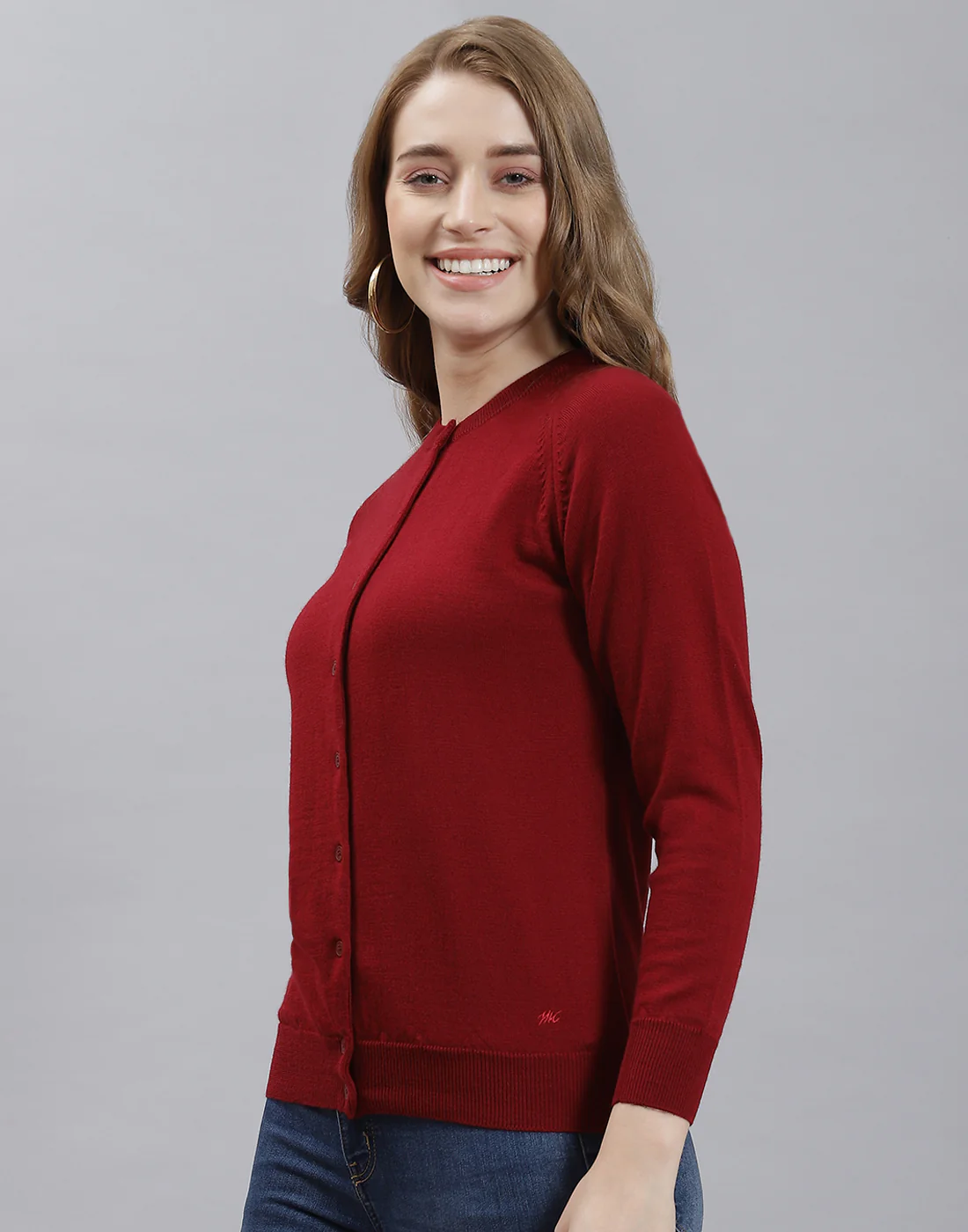 Women Maroon Solid Round Neck Full Sleeve Cardigan - Image 3