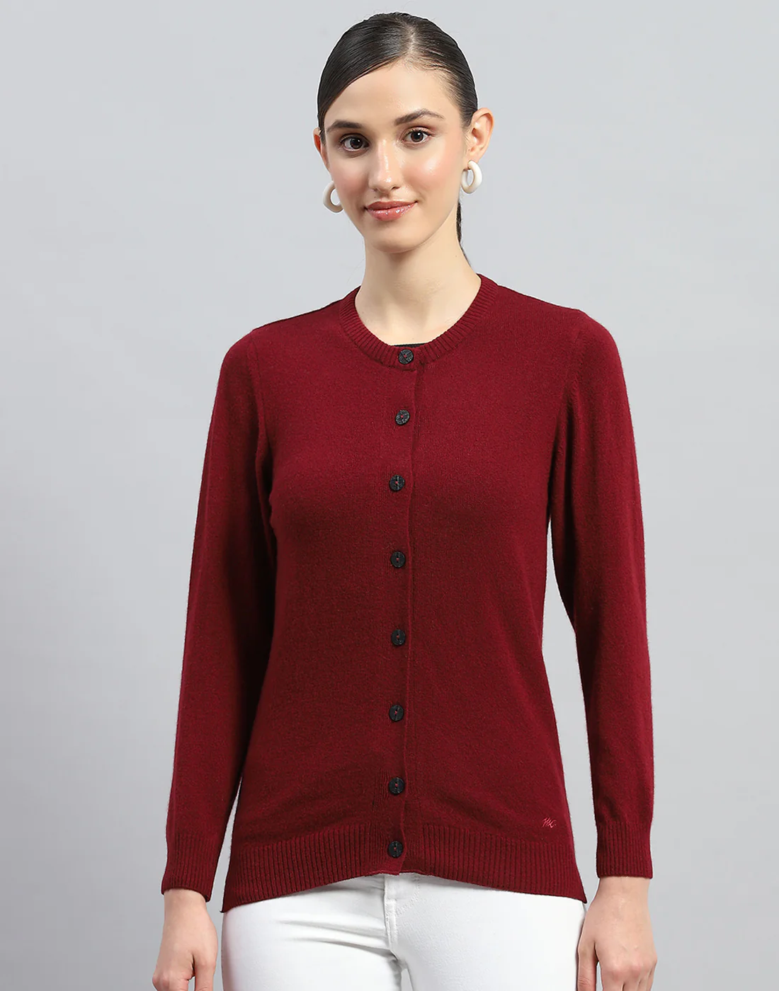 Women Maroon Solid Round Neck Full Sleeve Cardigan - Image 2