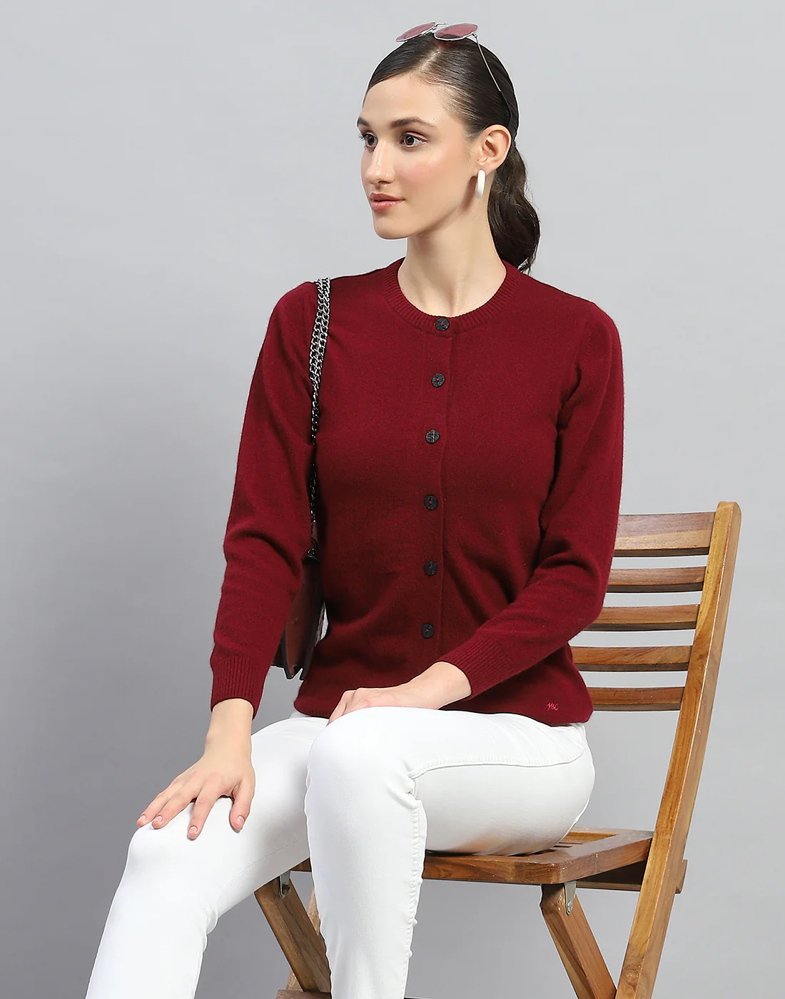 Women Maroon Solid Round Neck Full Sleeve Cardigan - Image 6