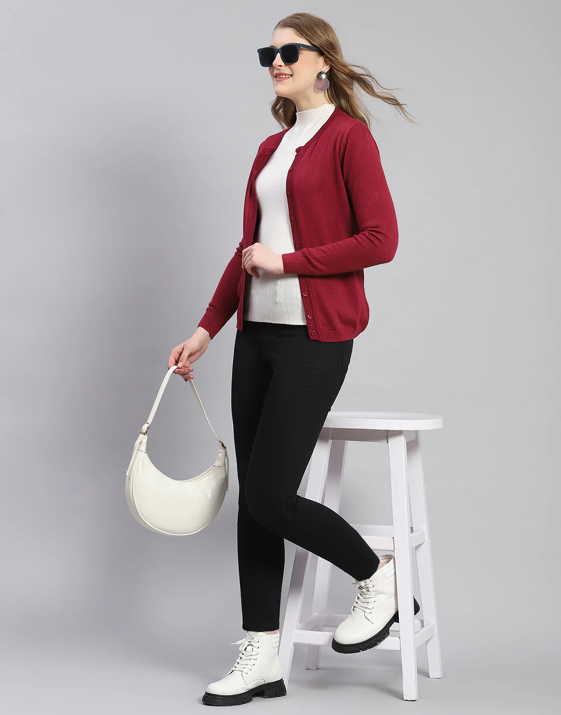 Women Maroon Solid Round Neck Full Sleeve Cardigan - Image 2