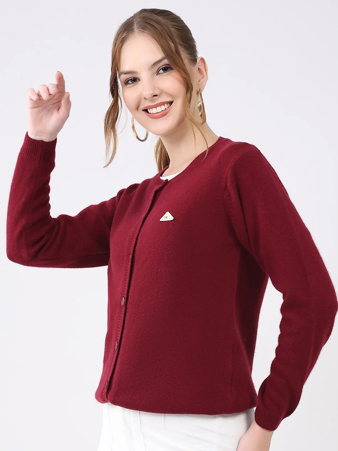 Women Maroon Solid Round Neck Full Sleeve Cardigan - Image 3