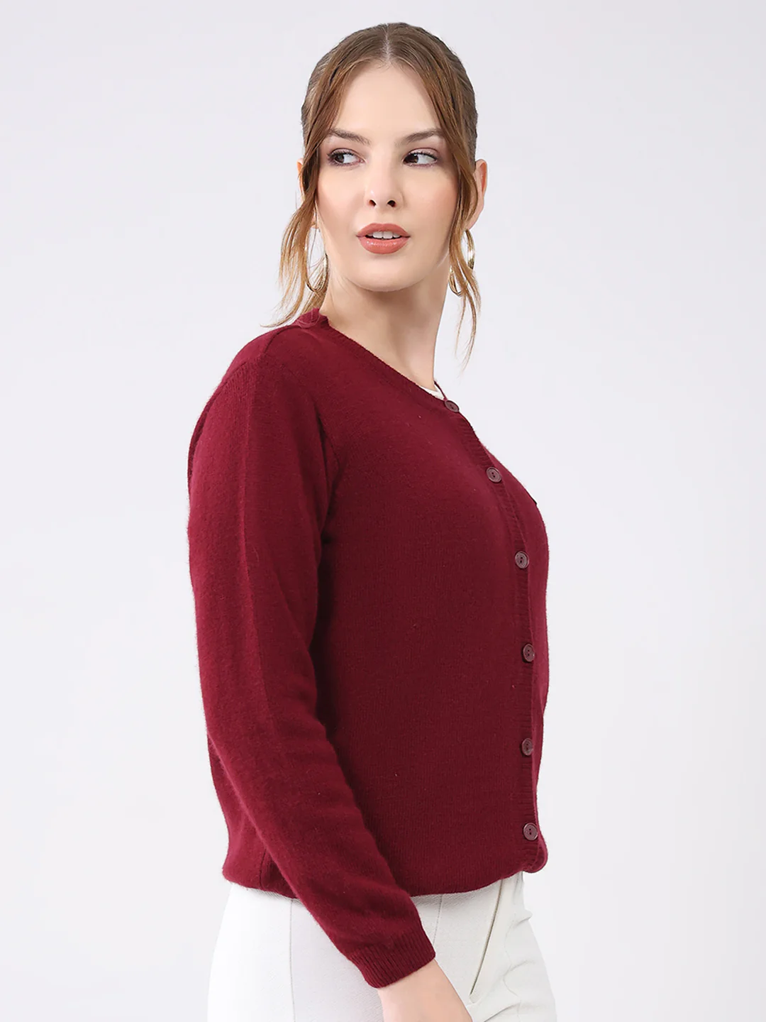 Women Maroon Solid Round Neck Full Sleeve Cardigan - Image 4