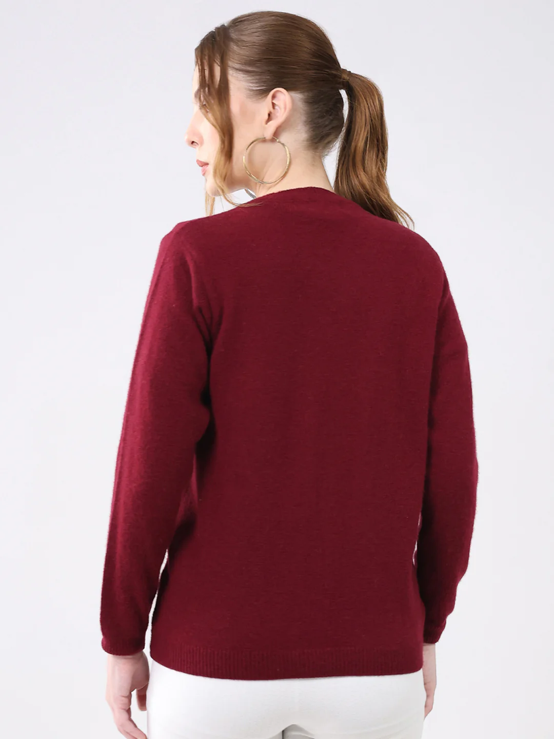 Women Maroon Solid Round Neck Full Sleeve Cardigan - Image 5