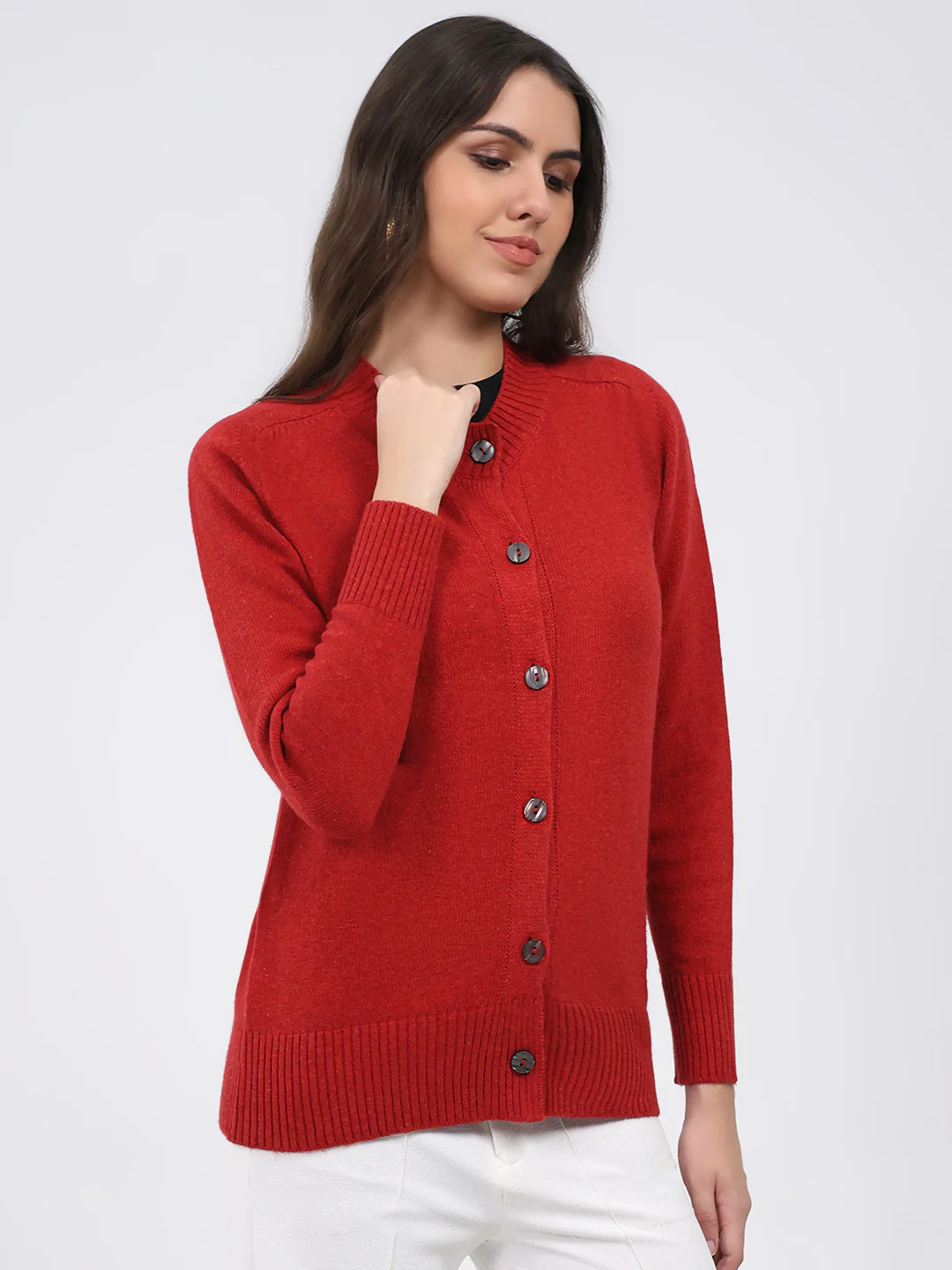 Women Maroon Solid Round Neck Full Sleeve Cardigan - Image 4