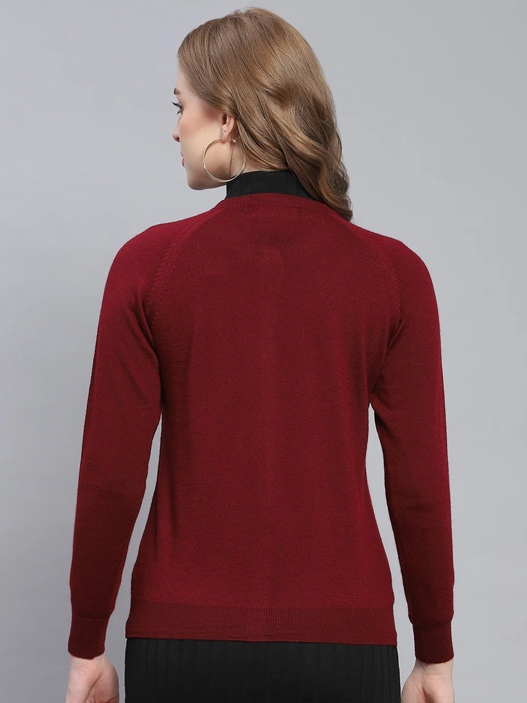 Women Maroon Solid Round Neck Full Sleeve Cardigans - Image 5
