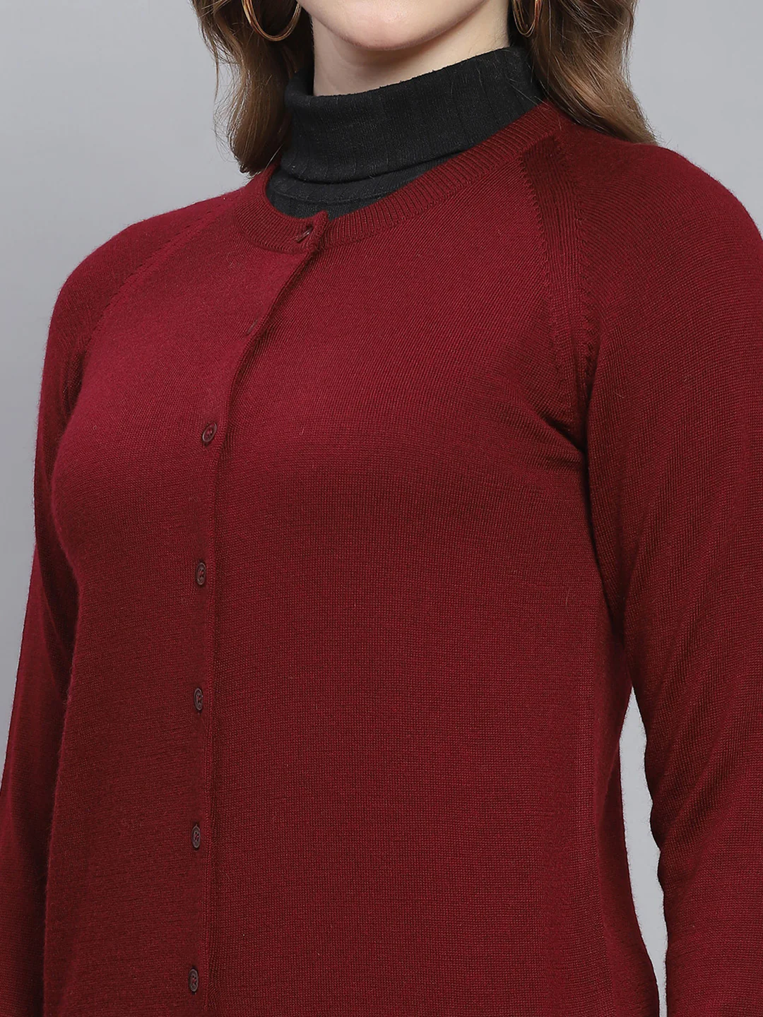 Women Maroon Solid Round Neck Full Sleeve Cardigans - Image 6