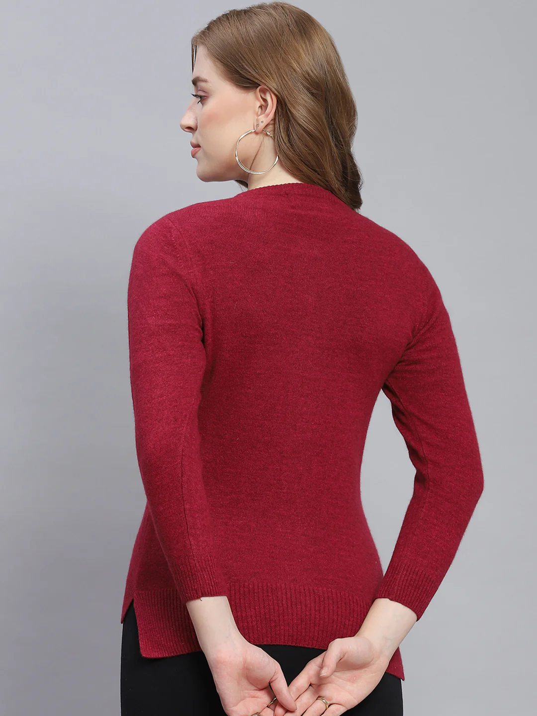Women Maroon Solid Round Neck Full Sleeve Cardigans - Image 5