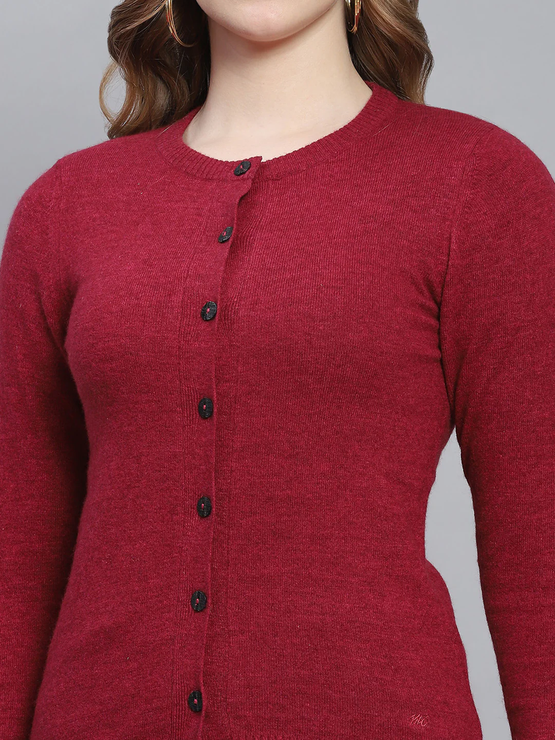 Women Maroon Solid Round Neck Full Sleeve Cardigans - Image 6