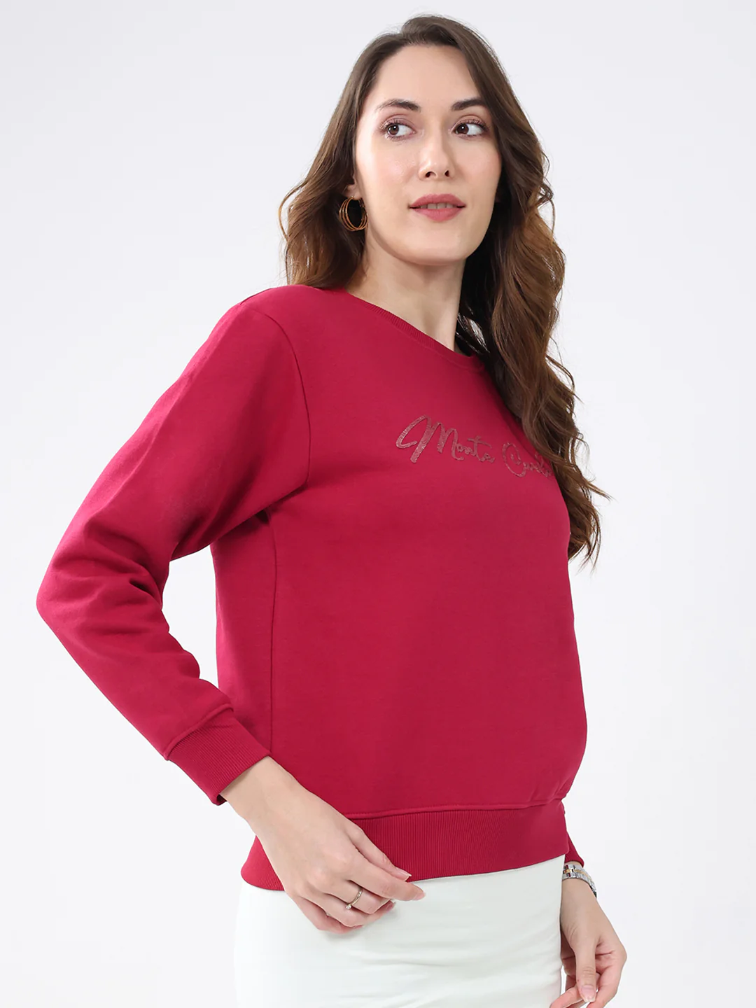 Women Maroon Solid Round Neck Full Sleeve Sweatshirt - Image 4