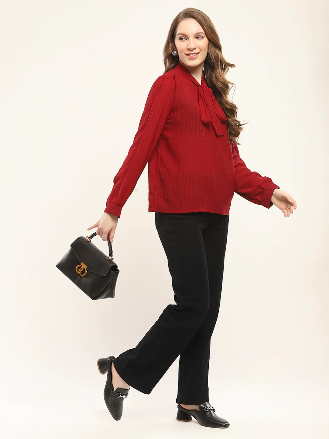 Women Maroon Solid Round Neck Full Sleeve Winte Top - Image 2