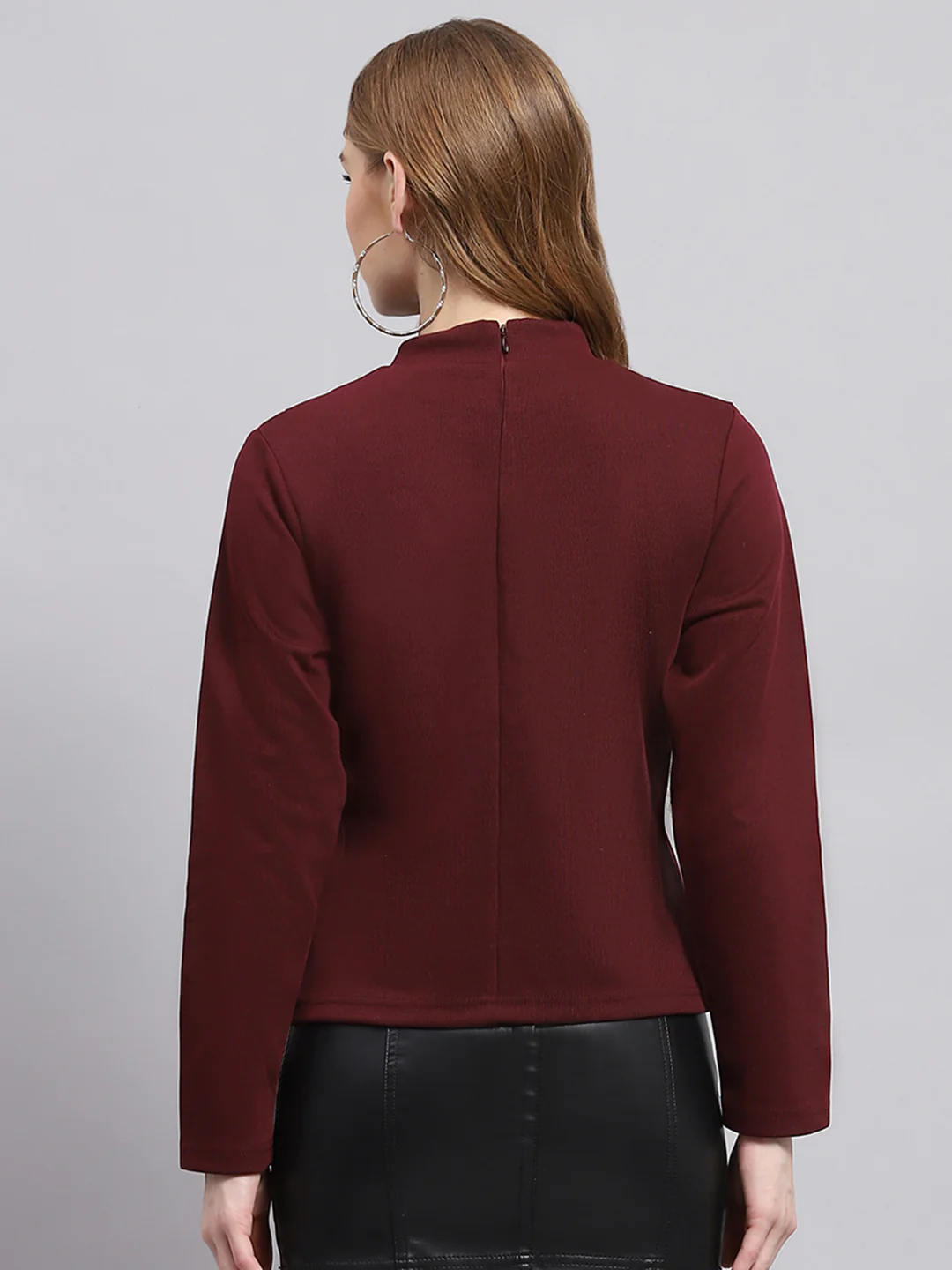Women Maroon Solid Round Neck Full Sleeve Winter Tops - Image 5