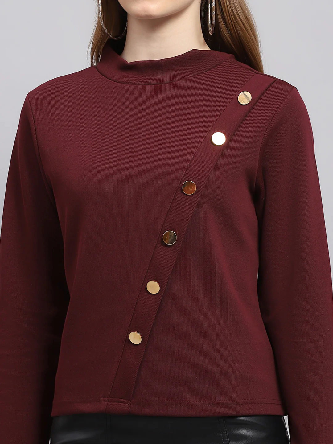 Women Maroon Solid Round Neck Full Sleeve Winter Tops - Image 6