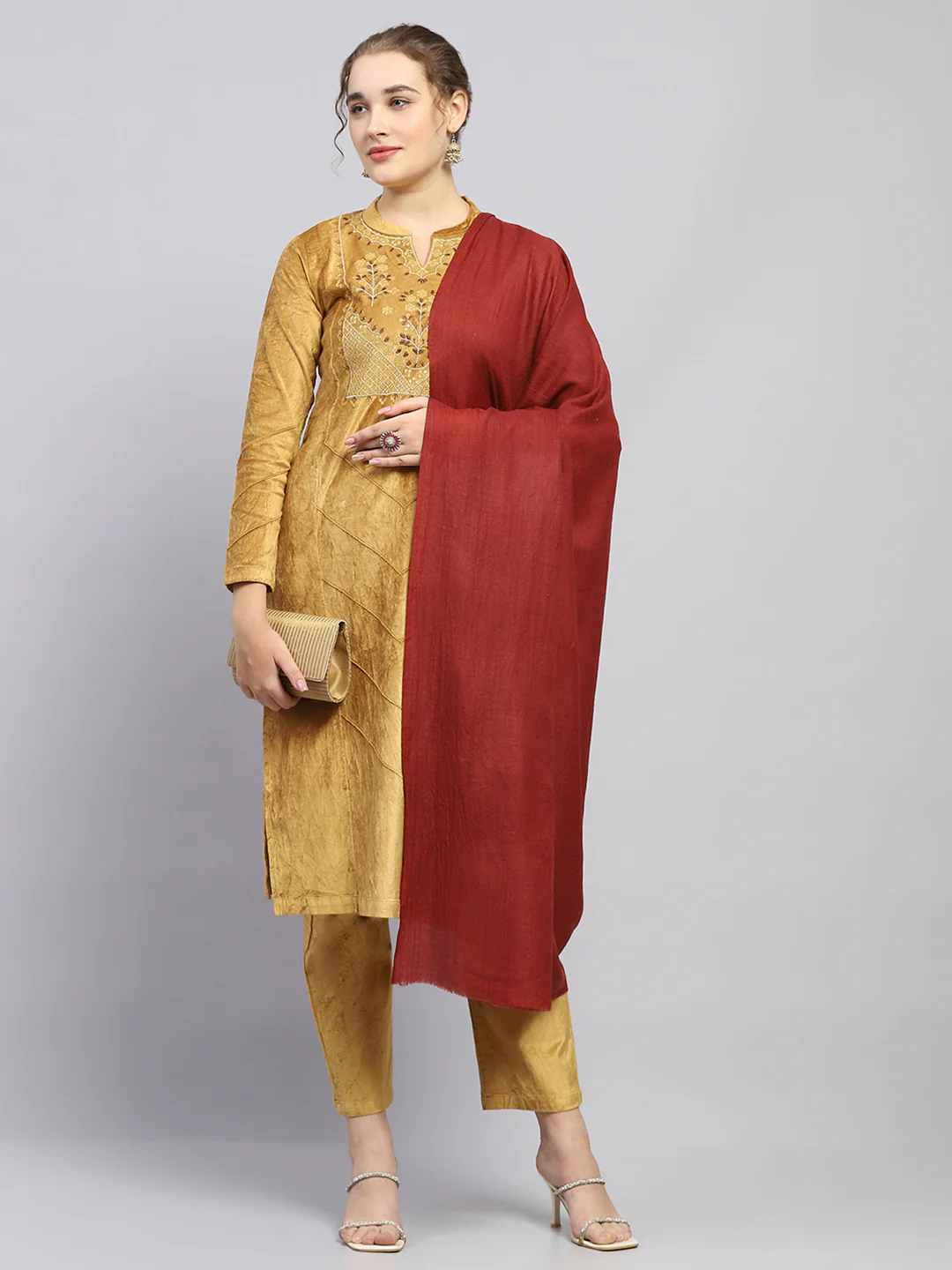 Women Maroon Solid Shawl - Image 2