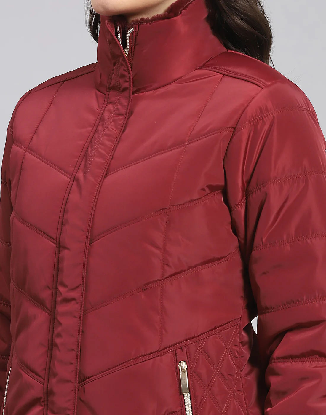 Women Maroon Solid Stand Collar Full Sleeve Jacket - Image 7