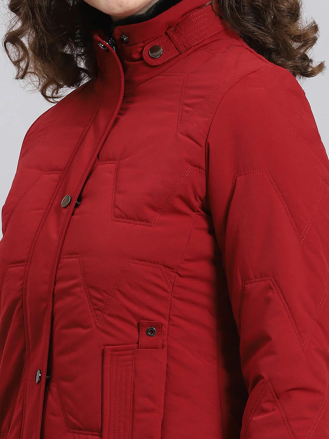 Women Maroon Solid Stand Collar Full Sleeve Jacket - Image 6