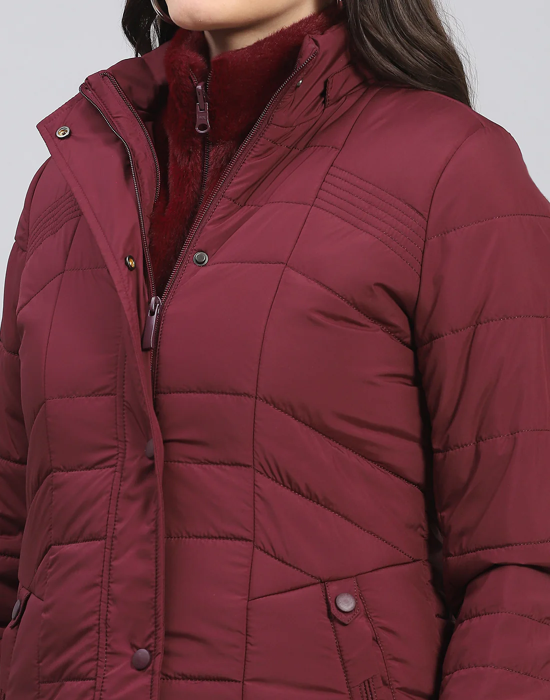 Women Maroon Solid Stand Collar Full Sleeve Jacket - Image 15