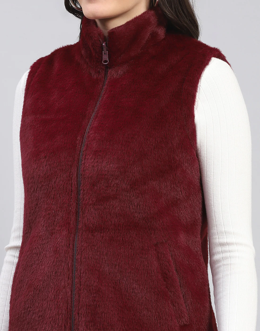 Women Maroon Solid Stand Collar Full Sleeve Jacket - Image 16