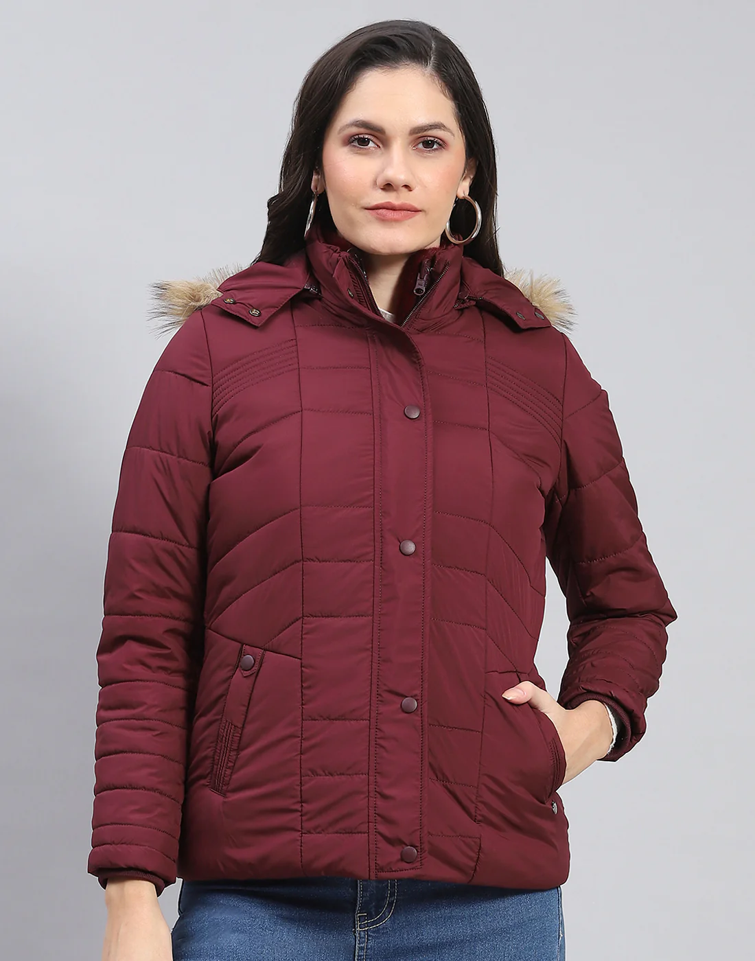 Women Maroon Solid Stand Collar Full Sleeve Jacket - Image 2