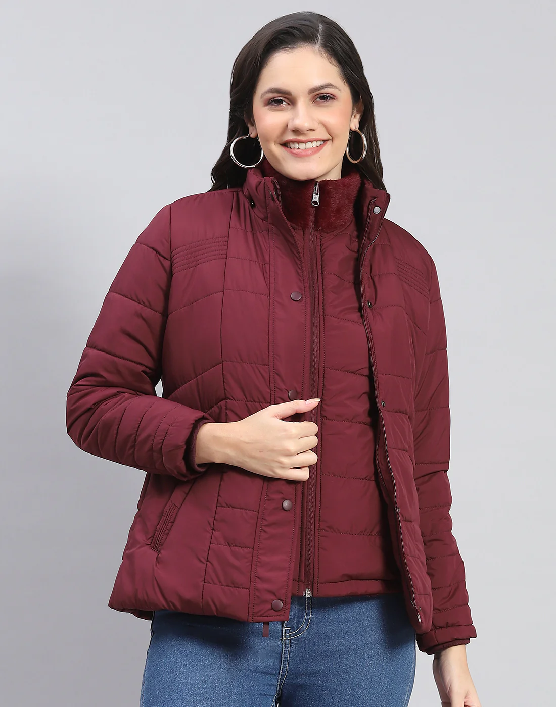 Women Maroon Solid Stand Collar Full Sleeve Jacket - Image 8