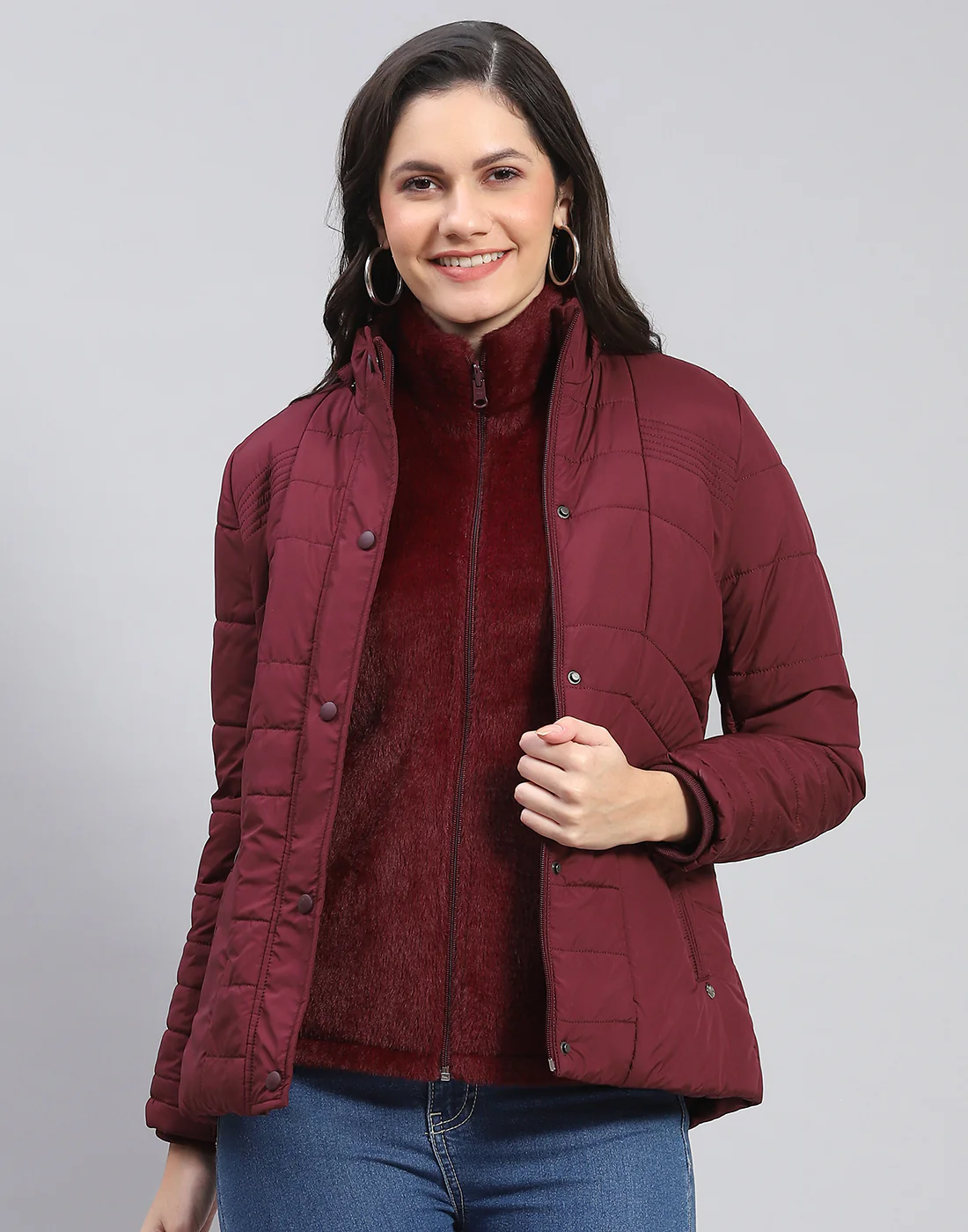 Women Maroon Solid Stand Collar Full Sleeve Jacket - Image 9