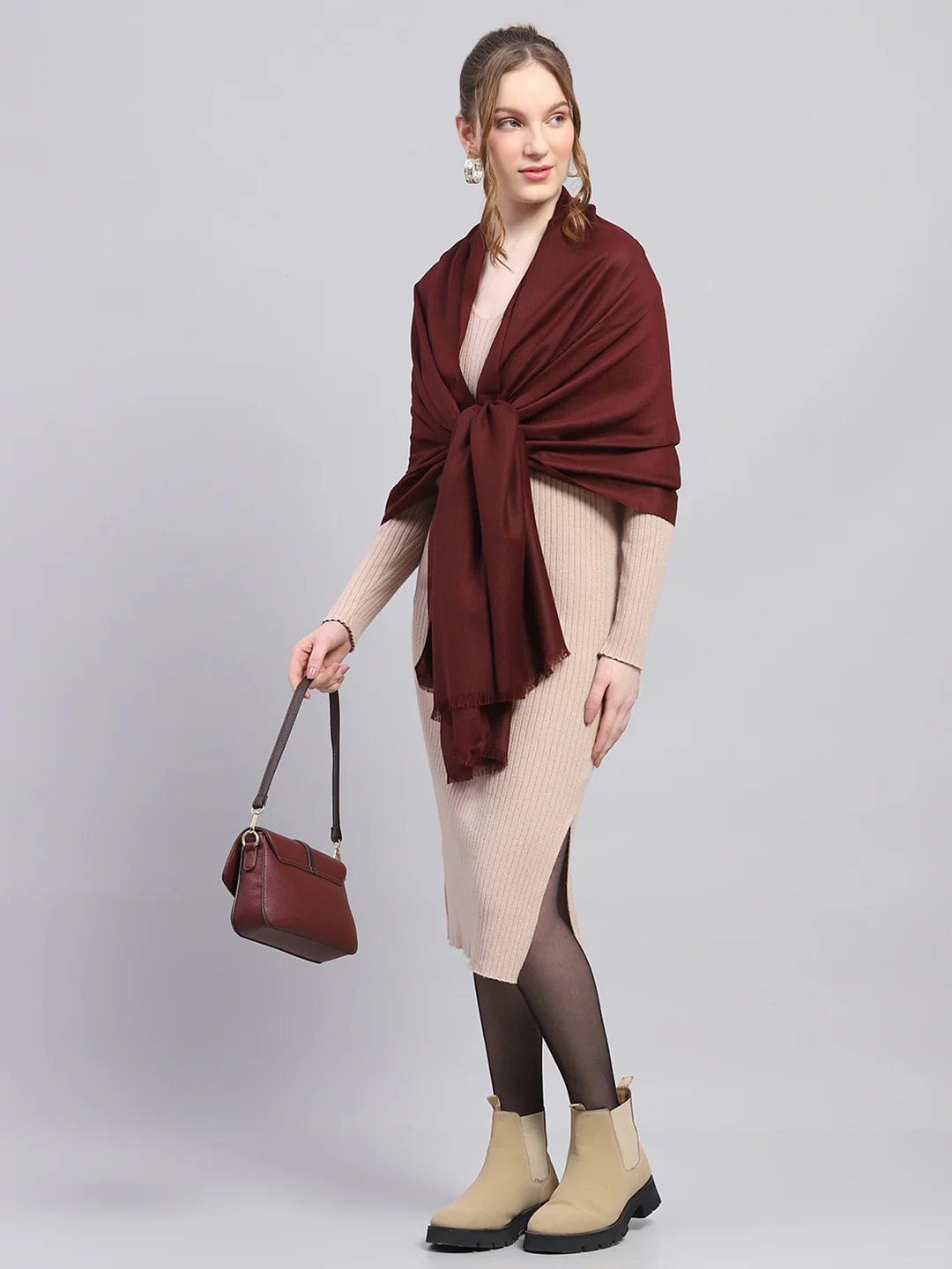 Women Maroon Solid Stole - Image 2
