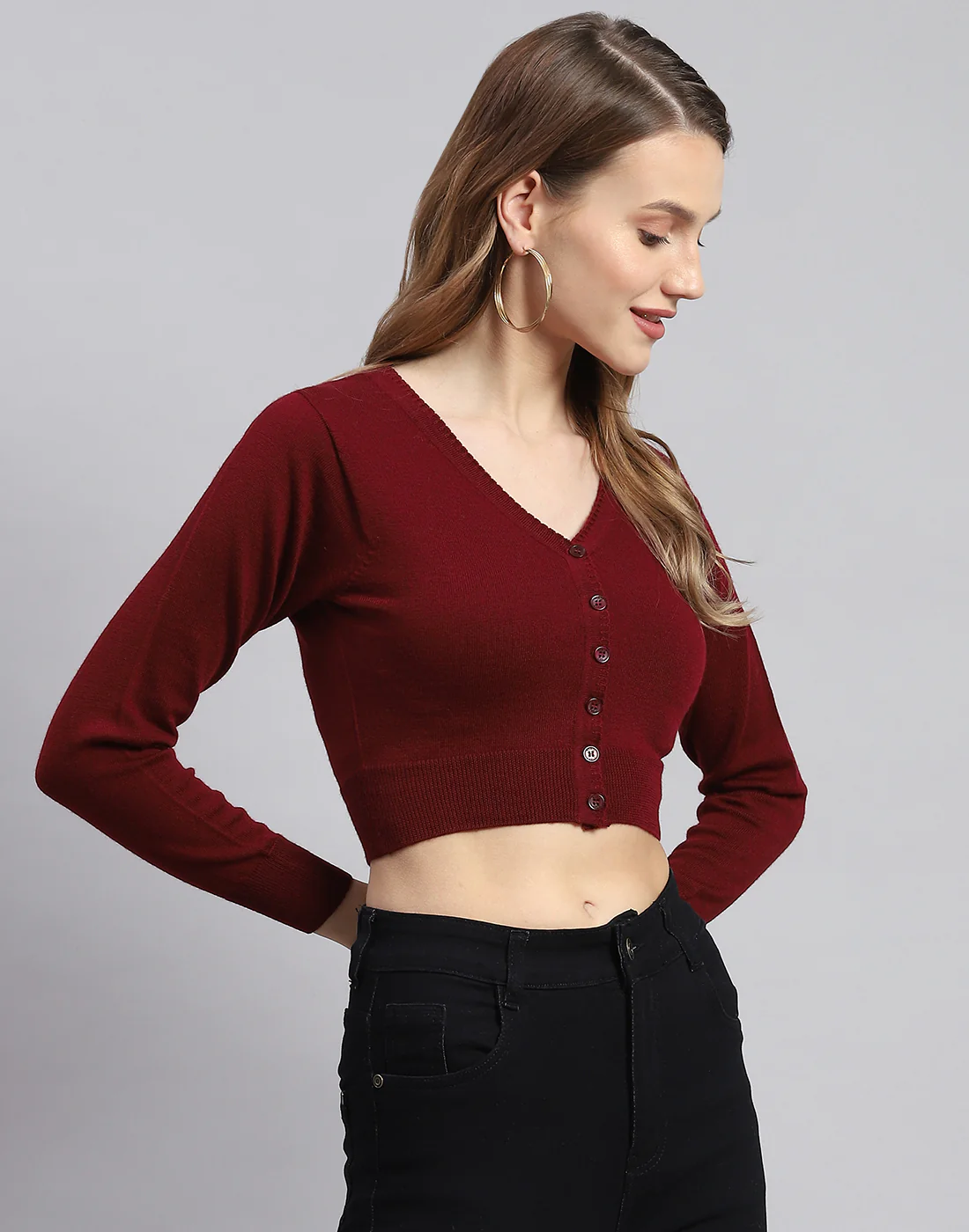 Women Maroon Solid V Neck Full Sleeve Blouse - Image 4