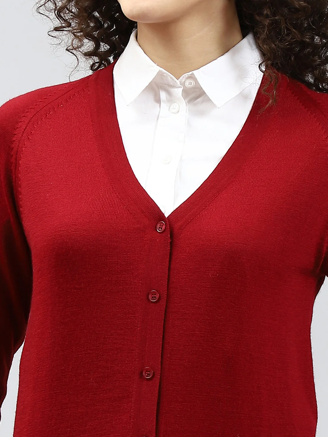 Women Maroon Solid V Neck Full Sleeve Cardigan - Image 6