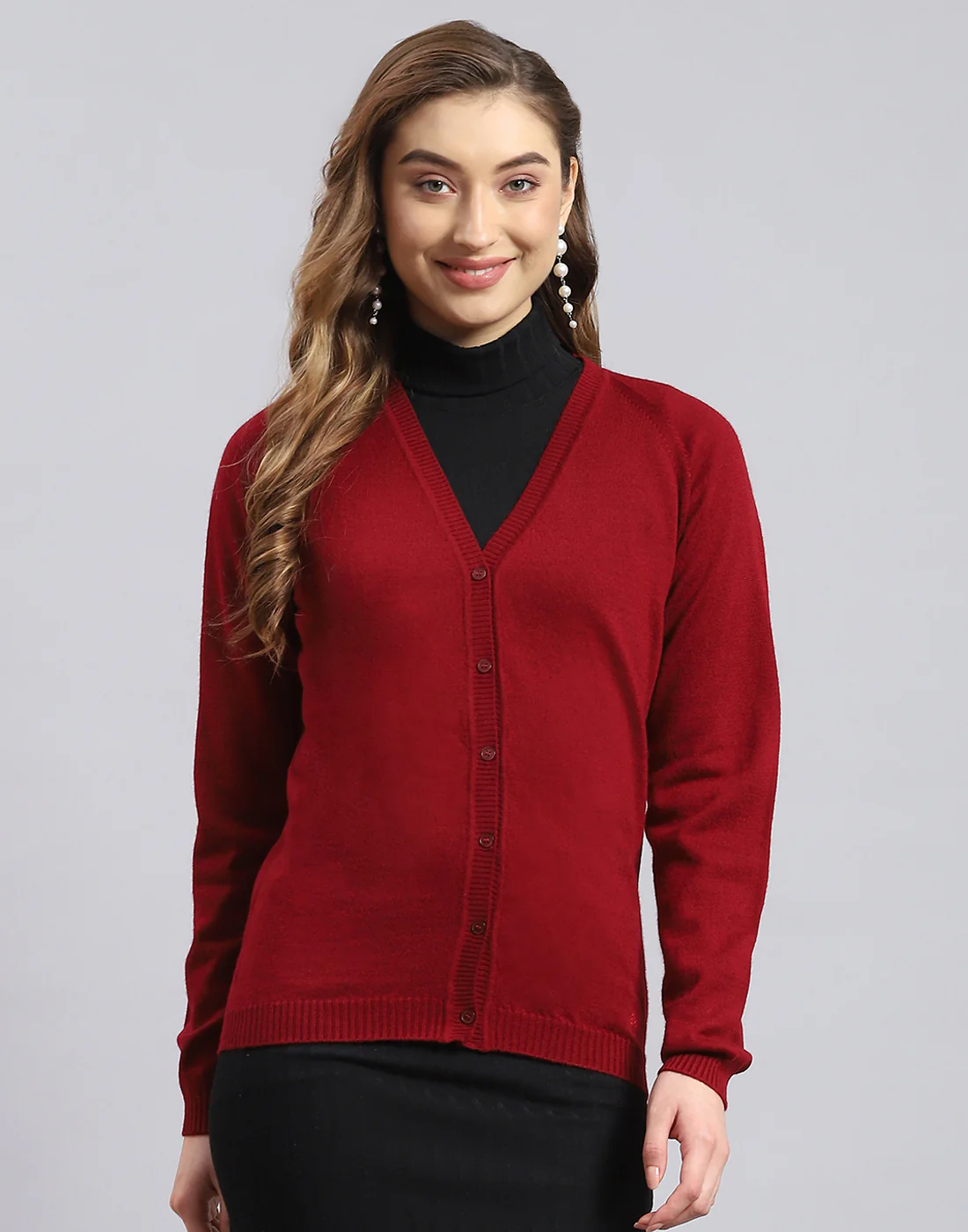 Women Maroon Solid V Neck Full Sleeve Cardigan - Image 2