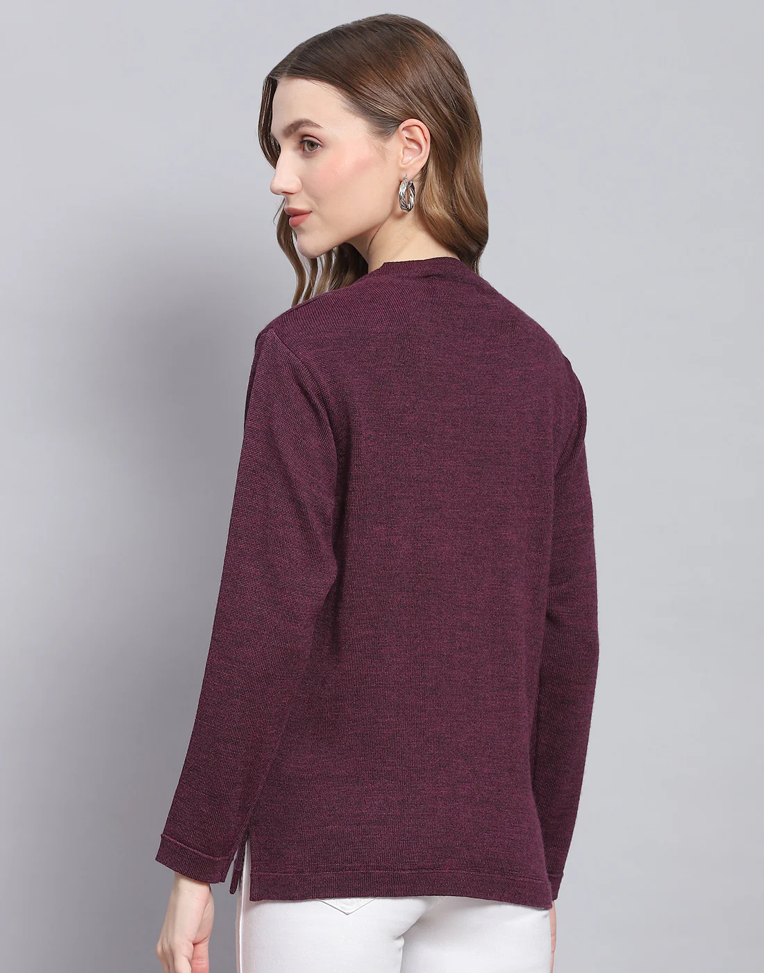 Women Maroon Solid V Neck Full Sleeve Cardigan - Image 5